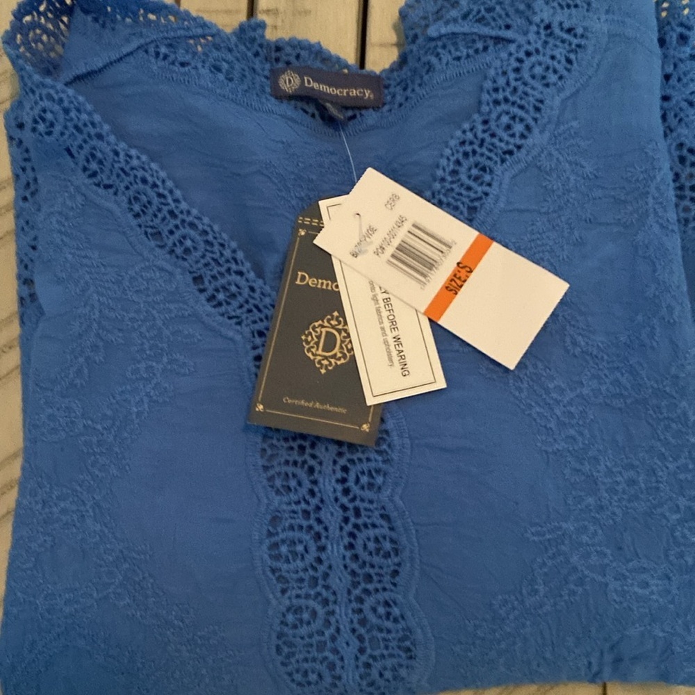 Democracy Woven Cotten Crochet Trim Peplum Top Cerulean Blue S - Picture 16 of 16